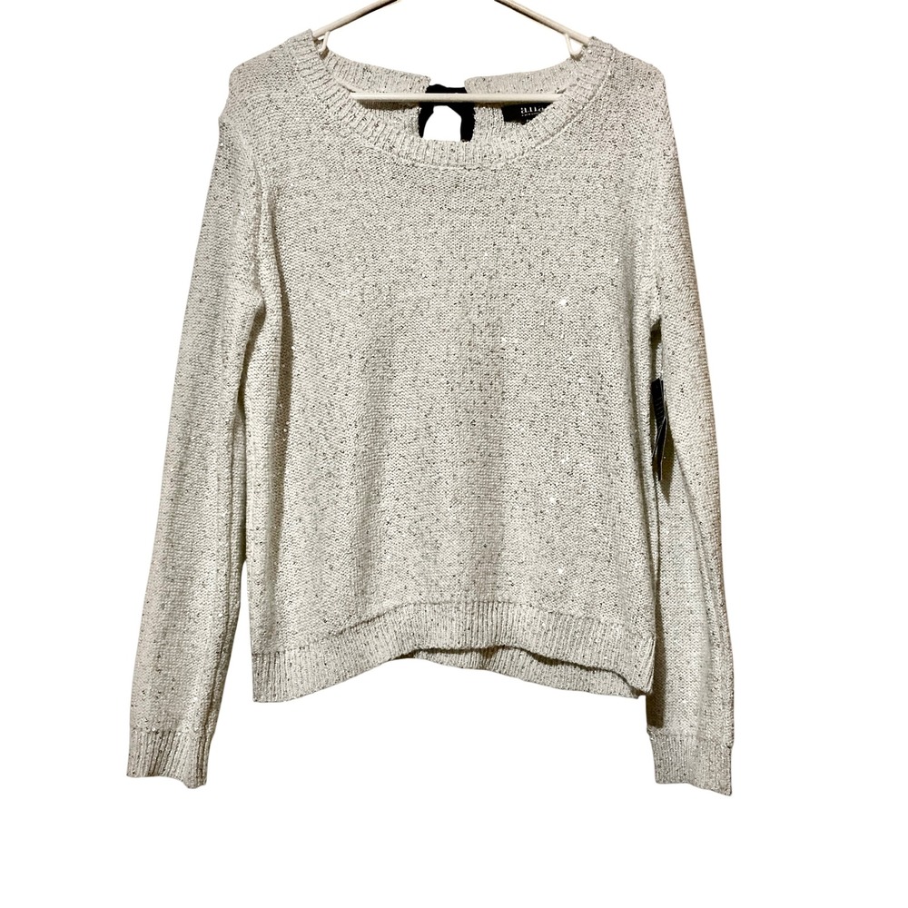 a.n.a A New Approach Womens Petite Large Sequin Metallic Bow Back Sweater Silver